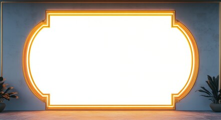 Large illuminated blank display with ornate golden neon frame set in a dark textured interior wall, flanked by potted plants, warm inviting elegant atmosphere