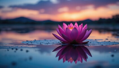 Pink lotus flower on water with reflection and sunset sky in the background serene nature scene