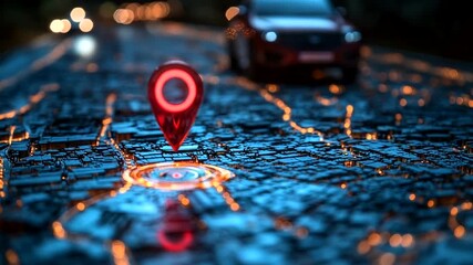 Night cityscape with glowing map marker and car