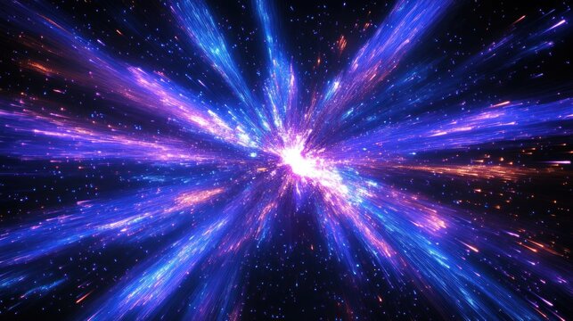 radiant cosmic explosion with a glowing central core and neon blue, purple, and pink light streaks bursting through a starfield, evoking awe and exhilaration