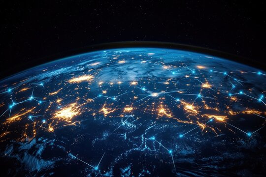 Nighttime view of Earth from space showing glowing city lights and blue network nodes and connecting lines across continents, a futuristic, awe-inspiring sense of global connectivity