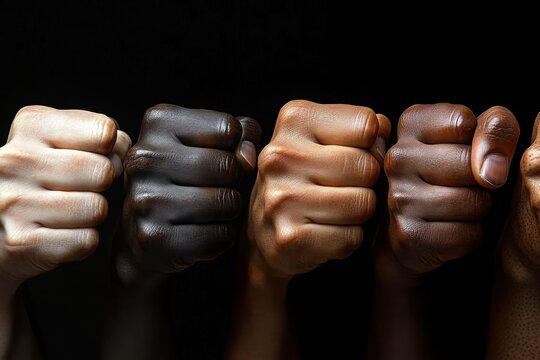 Five diverse clenched fists aligned in a row against a black background, conveying unity, strength and determined solidarity