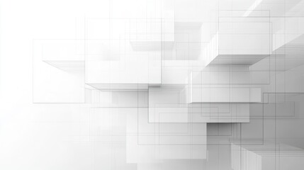 serene monochrome composition of translucent floating cuboid boxes and fine grid lines creating depth in a minimal futuristic architectural space