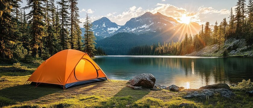 Orange camping tent on a grassy lakeshore at golden hour with calm reflective water, pine forest, snow-capped mountains, sunburst and serene atmosphere