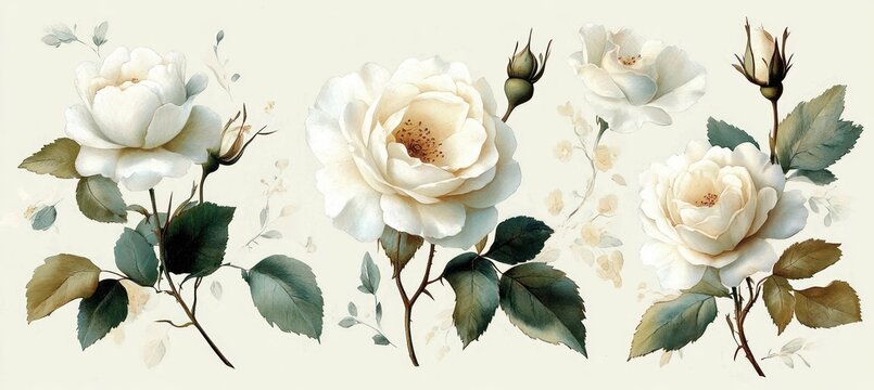 Three delicate white roses with buds and green leaves on a soft cream background, serene vintage botanical illustration
