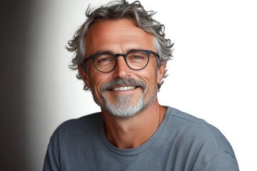 Obraz premium middle-aged man with salt-and-pepper wavy hair wearing a casual gray t-shirt, head-and-shoulders portrait against a soft gradient background, relaxed and contemplative