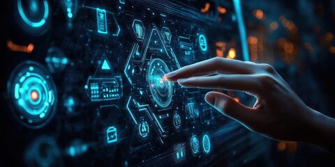 human hand touching a glowing blue holographic interface with hexagonal and circular data icons on a futuristic control panel conveying focus and precision