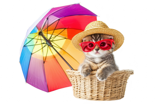 A playful kitten wearing red sunglasses and a straw hat sits in a woven basket. with a colorful umbrella in the background. creating a cheerful summer vibe perfect for pet-themed promotions