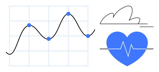 Line chart tracking points on a grid, blue heartbeat in a heart icon, and cloud symbol. Ideal for health tracking, data visualization, monitoring, analysis, fitness, statistics simple flat metaphor