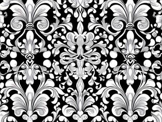 black and white ornate damask pattern with intricate symmetrical floral scrolls and elegant vintage feel