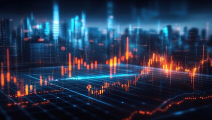 futuristic city skyline overlaid with glowing orange candlestick charts and a blue digital grid, evoking dynamic high-tech financial energy and market volatility