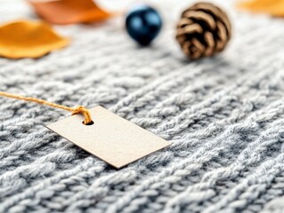 A blank paper tag with twine is placed on a textured grey knitted fabric, with blurred autumn leaves and a pine cone in the background.