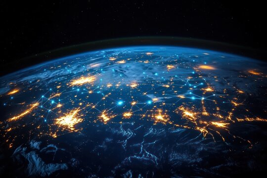 Earth from orbit at night with glowing orange city lights and blue connected nodes and lines, a futuristic awe-inspiring scene of global connectivity and data flow