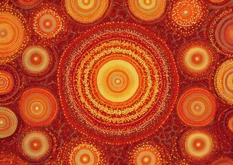 Radiant concentric dotted circles in warm red, orange and yellow hues, vibrant pulsating abstract pattern evoking energy and warmth