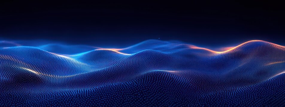 serene futuristic blue particle wave landscape with glowing orange ridge highlights