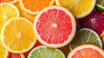 Colorful pattern of citrus fruit slices and mint leaves isolated on white background. Top view, flat lay