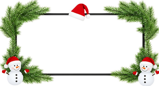 Christmas frame with snowmen and santa hat isolated on transparent background