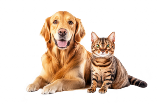 A golden retriever and a Bengal cat sit side by side on a clean white background. their friendship and companionship. perfect for pet-related content and marketing