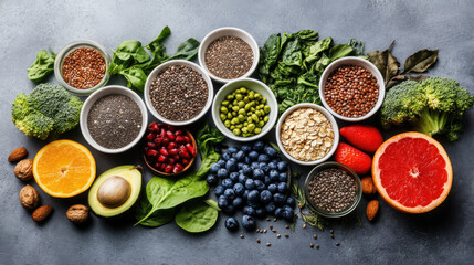 various fresh healthy products on grey table, top view. Healthy food clean eating