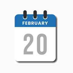 Clean flat February 20 blue calendar icon in modern vector style, ideal for planners and scheduling tools.