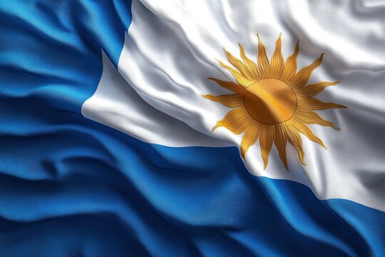 waving blue and white silk flag with a radiant golden sun emblem, detailed fabric folds conveying pride and dignified motion