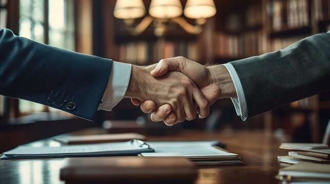 Two professionals shaking hands over documents on a wooden desk in a warm office library setting conveying agreement and trust