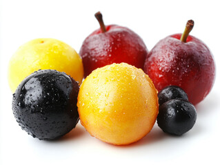 Many different ripe berries and mint leaves isolated on white