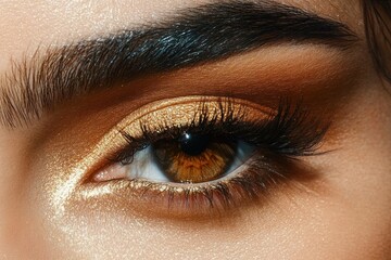 Obraz premium Close-up of a brown hazel eye with shimmering gold eyeshadow, long dark lashes, defined thick eyebrow and dewy skin conveying glamorous confident allure