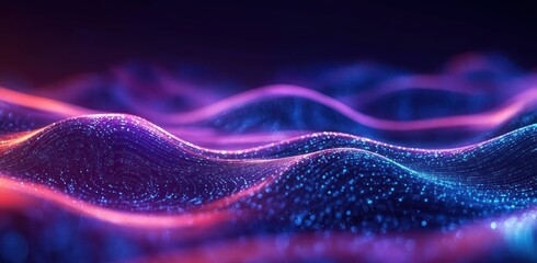 Undulating glowing neon particle waves forming an abstract digital landscape of blue, purple and pink lights, evoking a serene futuristic and mesmerizing energy