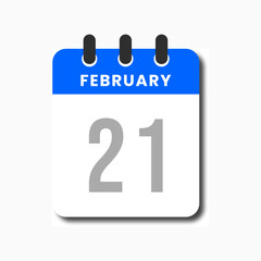 Fototapeta premium Flat blue February 21 calendar icon with clean minimalist vector style, ideal for planner and productivity apps.