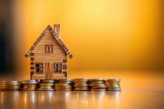 small wooden house model resting on stacked gold coins on a reflective surface with a warm golden background evoking financial security and stability