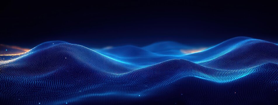 glowing blue particle mesh forming undulating waves over a dark background, a calm mesmerizing futuristic digital landscape