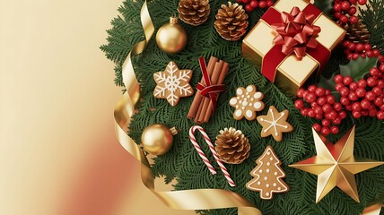 Christmas wreath with gift box cookies and decorations festive holiday theme