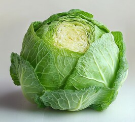 Fototapeta premium fresh green cabbage head with outer leaves revealing pale layered core, crisp textured leaves and bright natural freshness