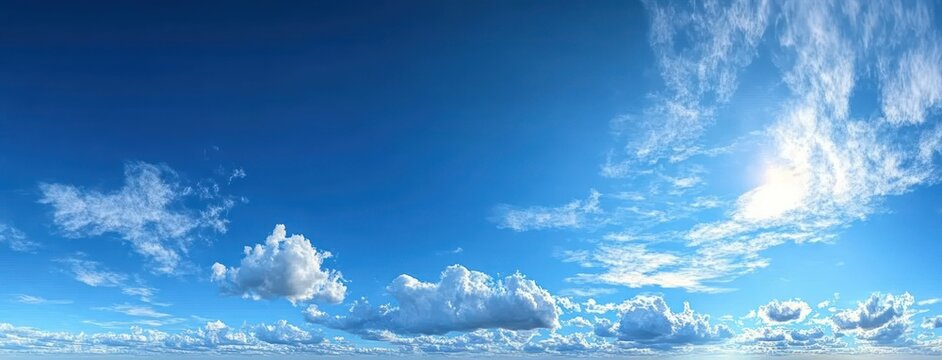 Vast bright blue sky filled with fluffy cumulus clouds and wispy high clouds, sun glowing at right, peaceful and expansive mood