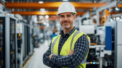 Process Engineer Smiling, Looking at Camera. Portrait of a Caucasian Man in a Protective White Hardhat and Reflective Jacket