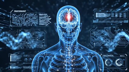 Futuristic hologram of a human skeleton and nervous system with a glowing brain - Powered by Adobe