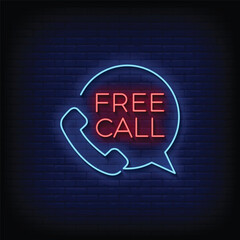 free call neon signboard with brick wall background vector