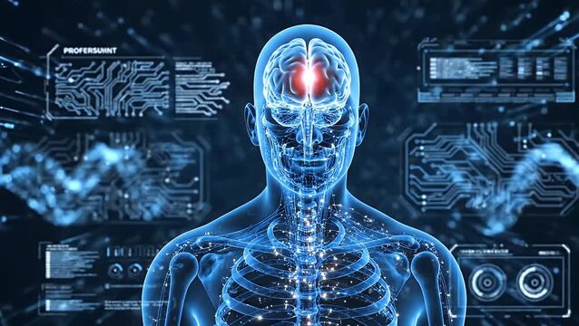 Futuristic hologram of a human skeleton and nervous system with a glowing brain
