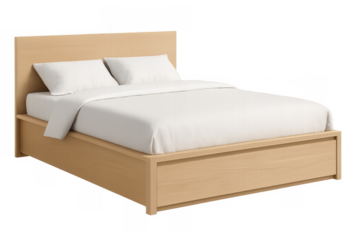 Minimalist wooden bed with white bedding offering comfort, relaxation, and peaceful sleep in a modern bedroom setting