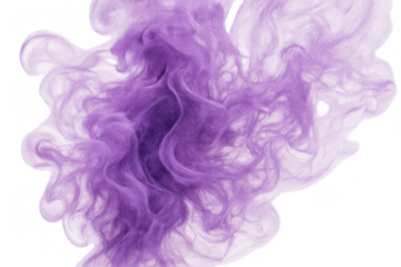 Purple smoke spreading in abstract fluid motion, creating vibrant flowing vapor cloud with translucent texture on a transparent backdrop
