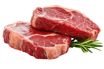 Fresh cuts of premium red beef steaks displayed on a clean white surface. garnished with a sprig of rosemary. ideal for culinary presentations or cooking recipes