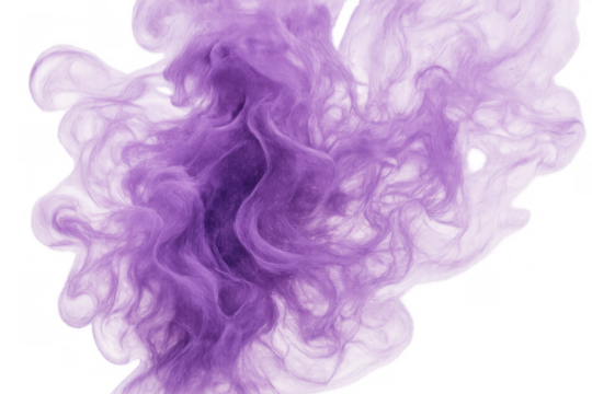 Purple smoke spreading in abstract fluid motion, creating vibrant flowing vapor cloud with translucent texture on a transparent backdrop
