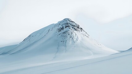 Snow covered mountain peak against pale sky on sunny winter day light