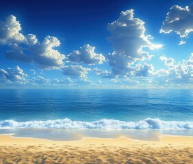 Sandy beach with gentle waves, azure ocean, dramatic cumulus clouds and sun rays piercing a clear blue sky, evoking a peaceful tranquil seaside calm