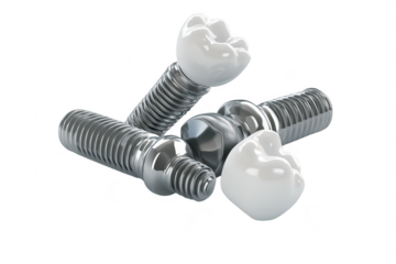 A close-up view of dental implants arranged artistically on a clean. white surface. their metallic and ceramic components. ideal for medical and dental promotional materials