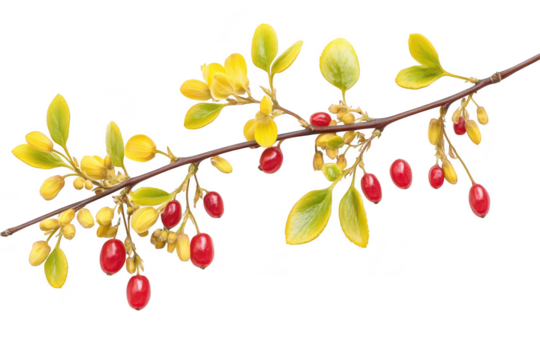 A branch clusters of red berries and yellow-green leaves against a clean white background. ideal for use in nature-themed designs or botanical illustrations