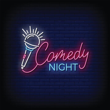 comedy night neon signboard with brick wall background vector