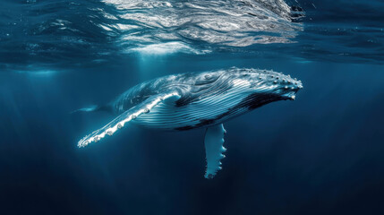 Humpback Whale Plays Near the Surface in Blue Water