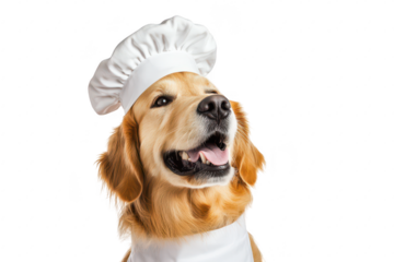 A cheerful golden retriever wearing a chefs hat and apron. posing in a bright. clean kitchen setting. ready to cook delicious meals. evoking a sense of fun and culinary creativity